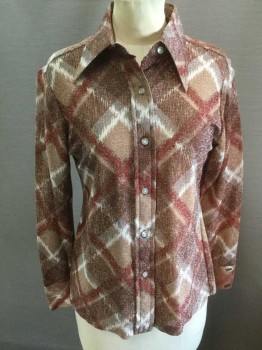 Elles Belles, Brown, Maroon Red, White, Lt Brown, Silver, Polyester, Plaid, Button Front, Pointy Collar Attached, Long Sleeves, Wide Plaid with Silver Specks