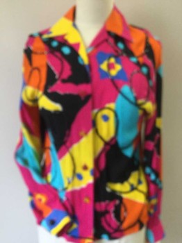Womens, Blouse, EN ROUTE, Pink, Orange, Yellow, Purple, Black, Rayon, Polyester, Abstract , B 38, Black Sequins Roping Detail Work, Collar Attached, Button Front, Side Hem Split, Long Sleeves,