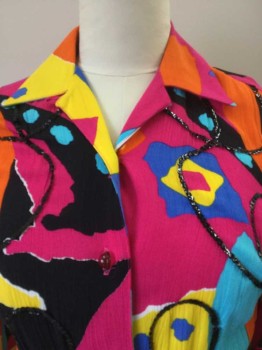 Womens, Blouse, EN ROUTE, Pink, Orange, Yellow, Purple, Black, Rayon, Polyester, Abstract , B 38, Black Sequins Roping Detail Work, Collar Attached, Button Front, Side Hem Split, Long Sleeves,