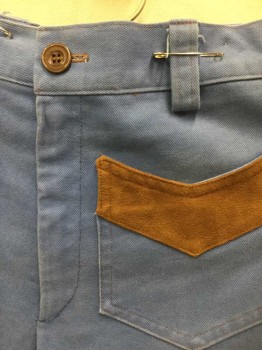 Mens, Jeans, N/L, Cornflower Blue, Brown, Cotton, Suede, Solid, Color Blocking, Ins32, W:28, Denim, Brown Suede Contrast On 4 Pockets, Center Back Waist Yoke, Pockets and Yoke Have Inverted Chevron Shape, Zip Fly, Boot Cut Leg,