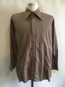Mens, Dress Shirt, NO LABEL, Brown, Cotton, Solid, 33, 16.5 , Long Sleeves, Collar Attached, Button Front,