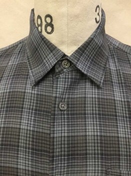 JOHN VARVATOS, Slate Gray, Taupe, Black, Cotton, Plaid, Slate Gray, Taupe, Black Plaid, Collar Attached, Button Front, 1 Pocket, Long Sleeves, See Photo Attached,