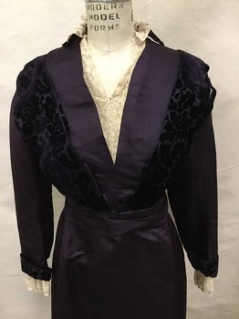 MTO, Aubergine Purple, Cream, Silk, Cotton, Solid, Floral, Made To Order, Silk Faille, Silk Velvet Burnout with Floral Pattern, Ivory Lace At Cuffs/Neck, Opens Center Front with Hooks and Eyes, Skirt Hem Is Cut Into Tabs with A Little Velvet Detail, Velvet Is Beginning To Shatter,
