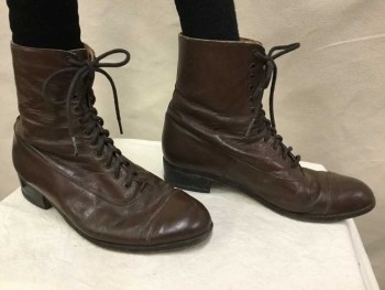 Womens, Boots 1890s-1910s, N/L, Brown, Leather, Solid, 8, Calf High Boots, Reddish-brown, Cap Toe, 1" Heels, Dark Brown Lace Up
