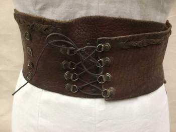 Unisex, Sci-Fi/Fantasy Belt, N/L, Brown, Leather, Metallic/Metal, 4.5" Wide Brown Leather Waistband, with Silver Metal D Rings, Brown Cord Ties, Brown Suede Braided Detail At Edge, Hidden Velcro Closure