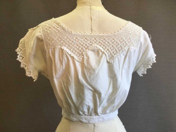 M.T.O., Cream, Cotton, Rayon, Floral, Crochet Lace Yoke and Short Sleeve Trim. Button Front, Fitted Waistband, Scooped Neckline. Some Stains In Armpits and Repair Work Done On Left Underarm
