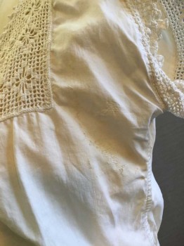 M.T.O., Cream, Cotton, Rayon, Floral, Crochet Lace Yoke and Short Sleeve Trim. Button Front, Fitted Waistband, Scooped Neckline. Some Stains In Armpits and Repair Work Done On Left Underarm