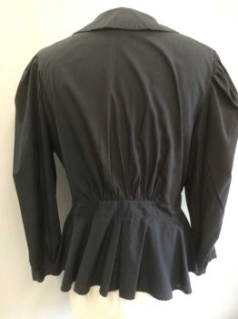 N/L, Black, Cotton, Solid, Long Sleeve Button Front, Peter Pan Collar, Two 1" Wide Pleats At Either Side Of Front, Puffy Sleeves Gathered At Shoulders, 2" Wide Self Waistband with Peplum Bottom, Made To Order,