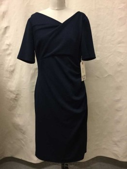 Womens, Dress, Short Sleeve, Adrianna Papell, Navy Blue, Polyester, Solid, 10, Self Textured, Zip Back, Short Sleeve, Asymmetric V Neck, Gathered Side