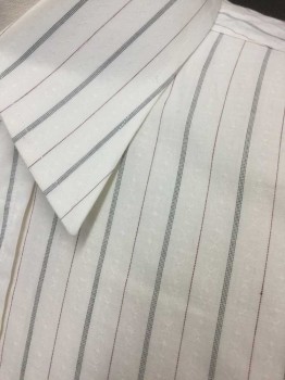 Mens, Dress Shirt, PAUL CHANG, Off White, Charcoal Gray, Red Burgundy, Cotton, Stripes - Pin, Stripes - Vertical , 33/34, 15.5 N, Self X's and Diamonds Pattern In Between Pinstripes, Long Sleeve Button Front, Collar Attached, French Cuffs,  1 Pocket, Made To Order
