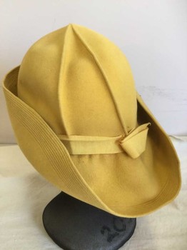 Womens, Hat, N/L, Goldenrod Yellow, Wool, Solid, Deep Crown with Robbin Hood Brim, Piped Open Dart, Stitched Brim, Grosgrain Band with Casual Bow,