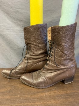 Womens, Boots 1890s-1910s, N/L, Brown, Leather, Solid, 8, Cap Toe, Lace Up, Low Heel