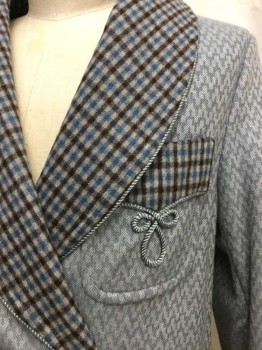 Mens, Robe, MTO, Gray, Brown, Blue, Wool, Novelty Pattern, Plaid, 42, Gray Novelty Weave, Gray/ Brown/ Blue Plaid Lining & Trim, Shawl Lapel, 3 Pockets, Belt, Gray Braided Trim Detail, Multiples, Smoking Robe, Dressing Gown, Multiples,