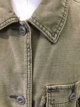 Womens, Casual Jacket, ANTHROPOLOGIE, Moss Green, Cotton, Solid, S, Streaked Texture, Button Front, Collar Attached, 3 Outside Pockets, Self Pleated Ruffle Trim on Pockets, Back Yoke, 1 Inside Pocket, No Lining