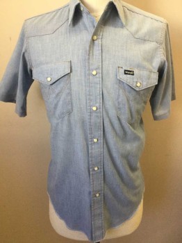Mens, Western Shirt, WRANGLER, Baby Blue, Polyester, Cotton, Heathered, 15, W/light Orange Top-stitches, Yoke Front & Back, 2 Pockets W/flap, Milk W/silver Trim Button Front, Short Sleeves, Over Lock Stitches Hem