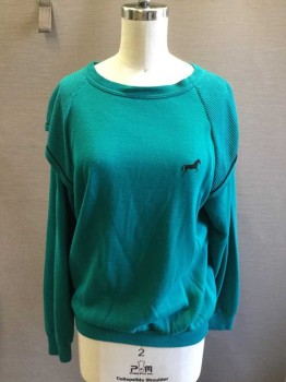 Womens, Sweatshirt, JULIE GIRL, Teal Green, Cotton, Solid, B: 38, S, Ribbed Knit Crew Neck/Waistband/Cuffs, L/S, Raglan Sleeves with Waffle Knit Short Sleeves Panels