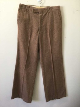 Mens, Slacks, N/L, Brown, Wool, Ins:31, W:30, with Beige Dashes and Dots Pattern, Flat Front, Button Tab Waist, Zip Fly, 3 Pockets, Flared Leg,