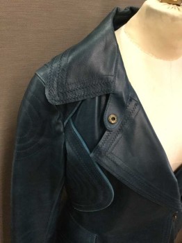 Judianna Makovsky, Teal Blue, Leather, Solid, Wide Collar, Notched Lapel, Zip Front, 2 Pockets, Raw Edges, Seams Rounded Side Panels And Shoulder Panels, Zip Cuffs DOUBLE