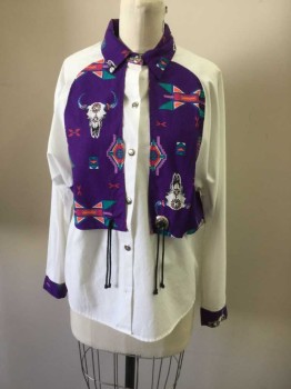 OZARK, White, Purple, Turquoise Blue, Pink, Red, Cotton, White Button Front, Purple Native American Print Collar/Cuff/Chest Panels, Silver Concho Buttons