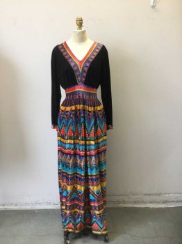 Womens, Evening Gown, GARFINKLE'S, Black, Red, Mustard Yellow, Blue, Green, Viscose, Synthetic, Geometric, B34, S, Black Bodice, V Neck, Long Sleeves, with Lame Skirt of Bright Jewel Tones of Turquoise, Blue, Mustard, red & Green