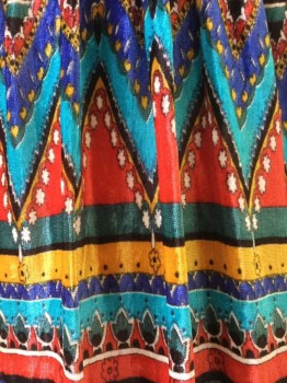 Womens, Evening Gown, GARFINKLE'S, Black, Red, Mustard Yellow, Blue, Green, Viscose, Synthetic, Geometric, B34, S, Black Bodice, V Neck, Long Sleeves, with Lame Skirt of Bright Jewel Tones of Turquoise, Blue, Mustard, red & Green