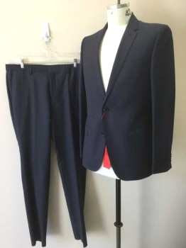 Mens, Suit, Jacket, HUGO BOSS, Navy Blue, Wool, Polyester, Stripes - Micro, 42R, Self Microcheck Texture, Single Breasted, Notched Lapel, 2 Buttons, 3 Pockets, Slim Fit