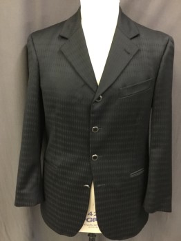 Mens, Suit, Jacket, EXTREMA, Black, Wool, Solid, Stripes - Shadow, 42R, Single Breasted, Notched Lapel, 4 Buttons, 3 Pockets, Broken Self Stripe, Flashy, 1980's 1990's