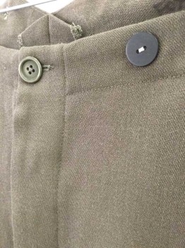 N/L MTO, Olive Green, Polyester, Solid, Button Fly, Black Suspender Buttons at Outside Waist, 2 Side Seam Pockets, Belted Back, Made To Order