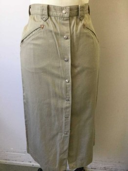 RALPH LAUREN WESTERN, Khaki Brown, Cotton, Solid, Twill/Chino Fabric, Welt Pocket with Brown Leather Triangle Reinforcement, Silver Snap Front, Hem Below Knee, Belt Loops,