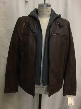 Mens, Casual Jacket, GUESS, Brown, Heather Gray, Cotton, Synthetic, Solid, M, Brown Faux Leather Lined with Heather Gray Hoodie, 4 Zip Pockets
