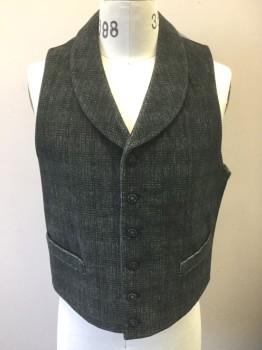 Mens, Historical Fiction Vest,  MTO, Gray, Lt Gray, Cotton, Plaid, 40, Plaid Patterned Velvet, Shawl Collar, 6 Silver Metal Embossed Buttons, 2 Welt Pockets, Gray Plain Weave Cotton Lining and Back, Self Belted Back, Made To Order Victorian Reproduction