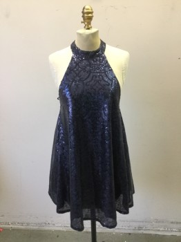 SIENNA, Navy Blue, Synthetic, Sequins, Novelty Pattern, Tiny Navy Patterned Sequin. Flared Shift Dress, Halter Neck