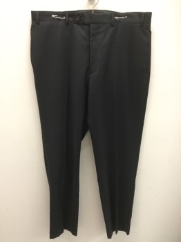 CALVIN KLEIN, Black, Wool, Solid, Flat Front, Button Tab, Fitted/Slim Fit, Twill Weave,