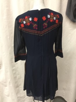 Womens, Dress, Long & 3/4 Sleeve, FRENCH CONNECTION, Navy Blue, Brown, Red, Red Burgundy, White, Viscose, Polyester, Floral, 0, Round Neck,  3/4 Sleeve, Embroidered Floral, Pleated Skirt, Back Zip