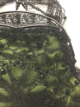 Womens, Purse, LISA TOLAND, Avocado Green, Organza/Organdy, Beaded, with Black Intricately Curled/Woven Plastic Mesh Overlay with Black Beads and Dark Avocado Flower Beads, Black Beaded Tassle at Bottom, Silver Metal Clutch Closure, Both Short and Long Handles/Straps Attached, **Barcode is Heat Pressed Inside,