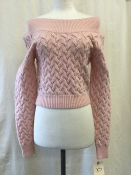 Womens, Pullover, & OTHER STORIES, Lt Pink, Wool, Synthetic, Solid, XS, Textured Knit, Off the Shoulder, Ribbed Trim