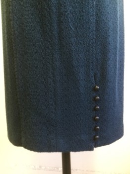 Womens, Dress, Sleeveless, NANETTE LEPORE, Teal Blue, Black, Synthetic, Lycra, Mottled, 4, Stretch Boucle Black & Teal Blue Fabric., V. Neck with Black Pleather Piping. Fitted Dress, Length to Below Knee, Zipper Center Back, Button Closed Slit at Back of Side Right,