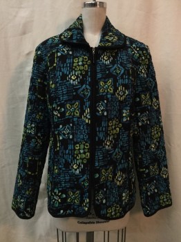 RQT, Black, Teal Blue, Green, Polyester, Novelty Pattern, Zip Front, Collar Attached,