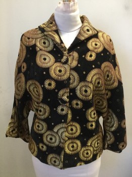 Womens, Blazer, ELAINE COLLECTION, Black, Gold, Brown, Viscose, Rayon, Novelty Pattern, L, Black Velvet with Gold Circle Sunbursts, Button Front,  Pointed Shawl Collar, Dolman 3/4 Sleeve