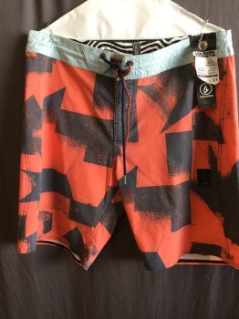 Mens, Swim Trunks, VOLCOM, Orange, Dk Gray, Lt Blue, Polyester, Cotton, Abstract , W:33, Draw-string/ Lace Closure, 1 Back Flap Pckt
