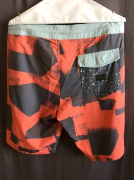 Mens, Swim Trunks, VOLCOM, Orange, Dk Gray, Lt Blue, Polyester, Cotton, Abstract , W:33, Draw-string/ Lace Closure, 1 Back Flap Pckt