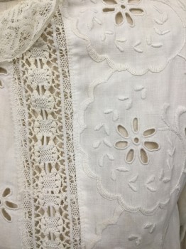 N/L, Cream, Cotton, Solid, Floral, Day Blouse Cotton Eyelet with Lace Trimmed Collar Band & Cuffs. Blouse Gathered at Waist, Long Peplum, Long Sleeves, Stain at Right Back Shoulder and Stain at Waist Front,