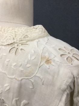N/L, Cream, Cotton, Solid, Floral, Day Blouse Cotton Eyelet with Lace Trimmed Collar Band & Cuffs. Blouse Gathered at Waist, Long Peplum, Long Sleeves, Stain at Right Back Shoulder and Stain at Waist Front,