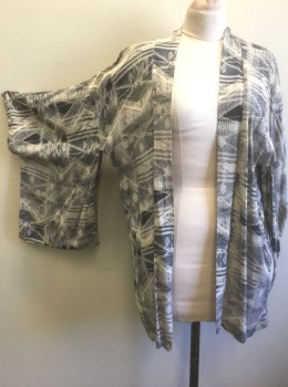 Womens, Casual Jacket, TYSA, Taupe, Dk Gray, Charcoal Gray, Gray, Rayon, Geometric, Abstract , S, Faded/Speckled Zig Zag, Triangle, Horizontal Stripe Pattern, Kimono Style Sleeves, Open at Center Front with No Closures