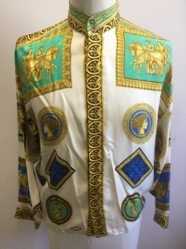 N/L, Multi-color, Cream, Black, Goldenrod Yellow, Silk, Novelty Pattern, with Novelty Roman/Grecian Pattern, Gold "Frames" with Grecian Statues, Men on Horseback, Etc. in Center, with Seafoam and Blue Accents, Long Sleeve Button Front, Band Collar,