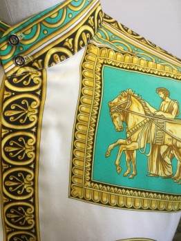 N/L, Multi-color, Cream, Black, Goldenrod Yellow, Silk, Novelty Pattern, with Novelty Roman/Grecian Pattern, Gold "Frames" with Grecian Statues, Men on Horseback, Etc. in Center, with Seafoam and Blue Accents, Long Sleeve Button Front, Band Collar,