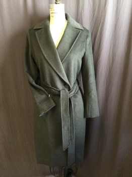 CINZIA ROCCA, Olive Green, Lt Olive Grn, Wool, Polyester, Solid, W/ Belt, Stitch Detail on Collar & Lapel, Notched Lapel, Single Breasted, 1 Button At Left Front, Long Sleeves, Split Center Hem Bottom, Olive Lining
