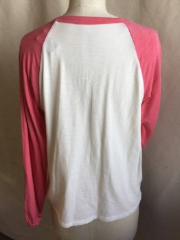 Womens, Top, REAL SOFT, Cream, Salmon Pink, Cotton, Viscose, Solid, S, Round Neck,  Raglan Long Sleeves,