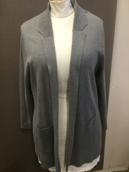 Womens, Sweater, LANE BRYANT, Heather Gray, Cotton, Solid, 22/24, Notched Lapel, Open Front, Patch PocketsFC040154