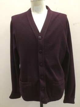 Mens, Cardigan Sweater, RALPH LAUREN, Aubergine Purple, Cotton, Solid, XL, 2 Patch Pockets, V-neck, Cardigan